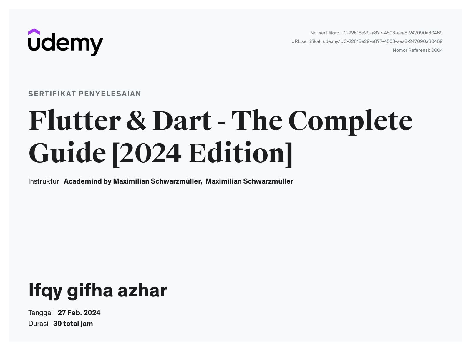 udemy flutter beginner to expert ifqy gifha azhar certificates
